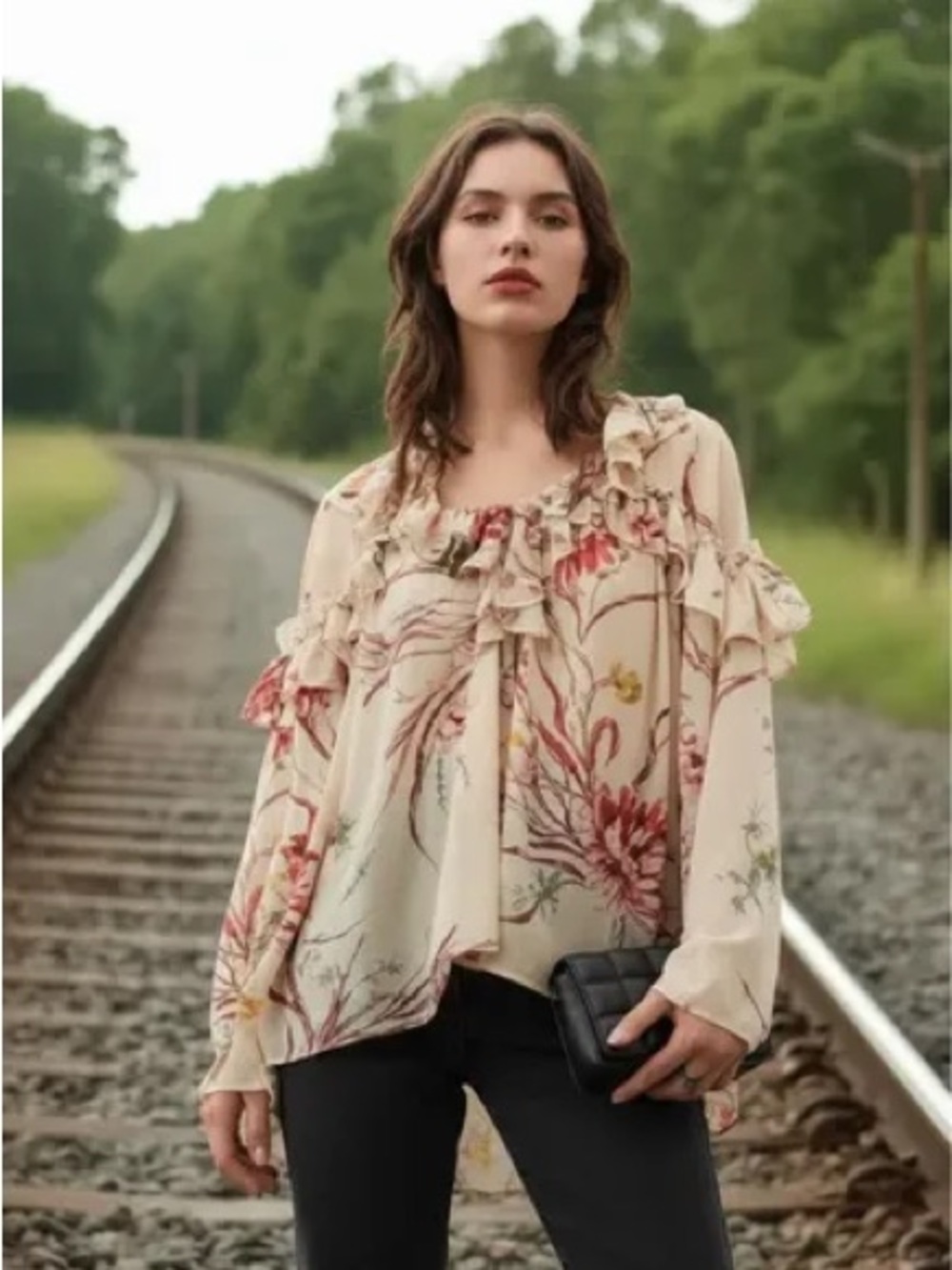 NEW H&M Garden Resort Floral Romantic Ruffle Blouse Floral Size M HM